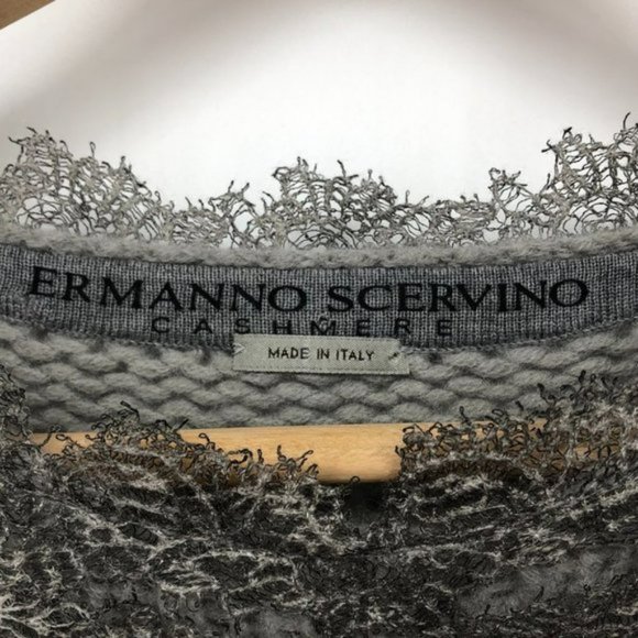 Ermanno Scervino grey 100% Cashmere knit sweater lace trimmed hems LG - Picture 3 of 7